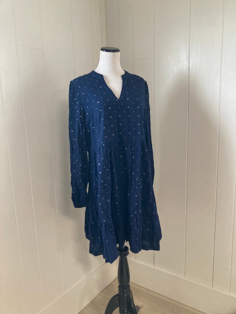 Crown & Ivy Blue Polkadot Cotton Blend Dress, Size L